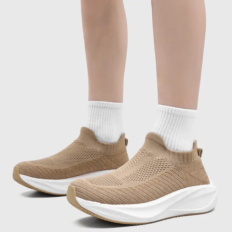 Women's Knit Sock Slip-On Sneakers - Breathable Sports Shoes with Cushioned Sole, Lightweight Non-Slip Platform Loafers for Daily Walking, Casual Workout, Knit Socks