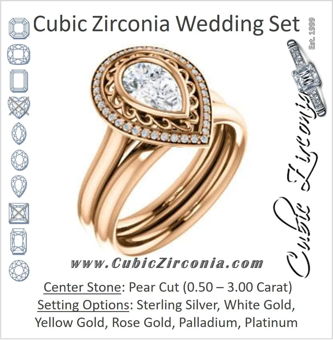 CZ Wedding Set, featuring The Bessie engagement ring (Customizable Cathedral-Bezel Pear Cut Design with Flowery Filigree and Halo)