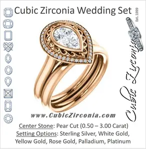 CZ Wedding Set, featuring The Bessie engagement ring (Customizable Cathedral-Bezel Pear Cut Design with Flowery Filigree and Halo)