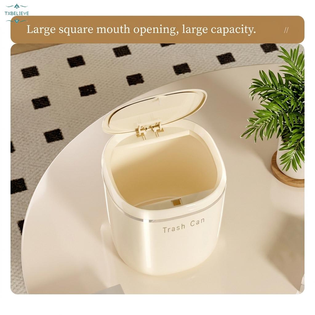 Small Cream/Black Flipping Lid Trash Can for Desk Organization in Dorm and with Space Saving