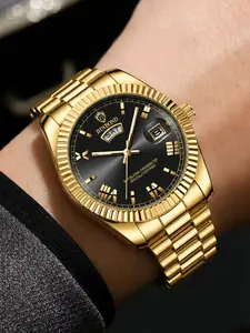 Gold Dual Calendar Watch with Elegant Design, Quartz Movement and Analog Face, Business Watch for All Seasons, Quartz Wristwatch, Dual Date Function