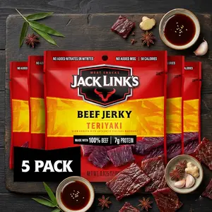 Dry Teriyaki Beef Jerky Multipack - 5 x 0.625 oz Bags - Ready-to-Eat Real Meat Protein Snacks - 7g Protein per Serving - Made with 100% Real Beef
