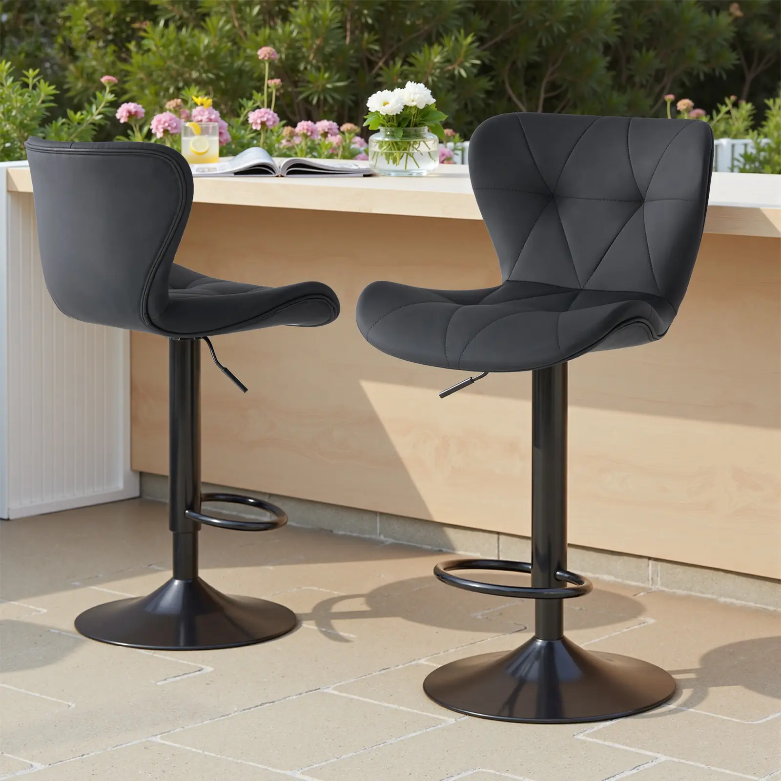 Sweetcrispy 2-Piece Adjustable Faux Leather Upholstered Swivel Barstools, Counter Height Bar Chairs with Back for Kitchen Island