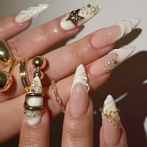 30Pcs Chrome Gold Press on Nails Medium Almond White French Tip Fake Nails with 3D Gilded Design Gold Starfish Seashell False Nails Water Ripple Full Cover White Glossy Acrylic Stick on Nail for Women