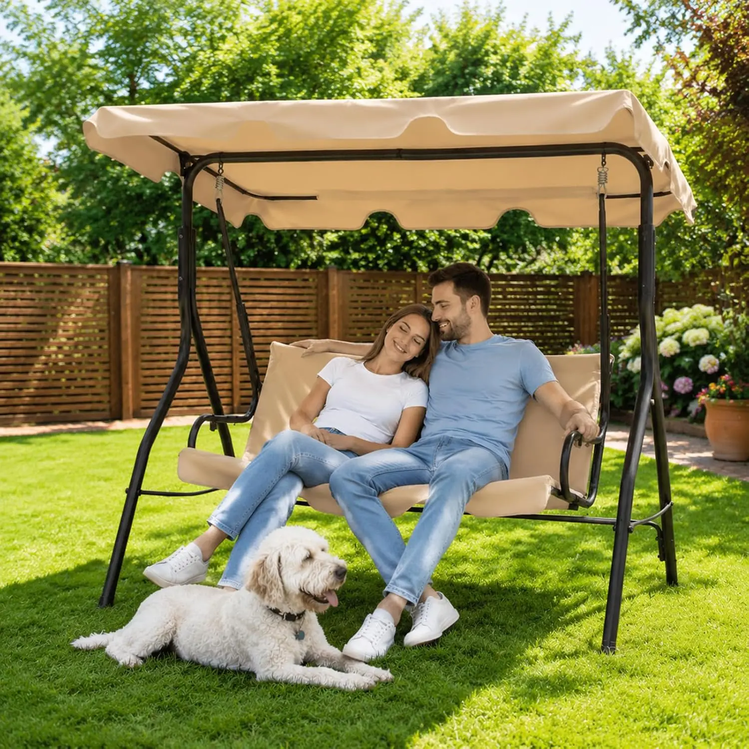 3 Seat Outdoor Porch Swing with Adjustable Canopy, Patio Swing Chair with Stand, Metal Frame, Thick Cushions, 500 lb Capacity, Outdoor Swings for Adults, Backyard Garden Deck, Black, Khaki