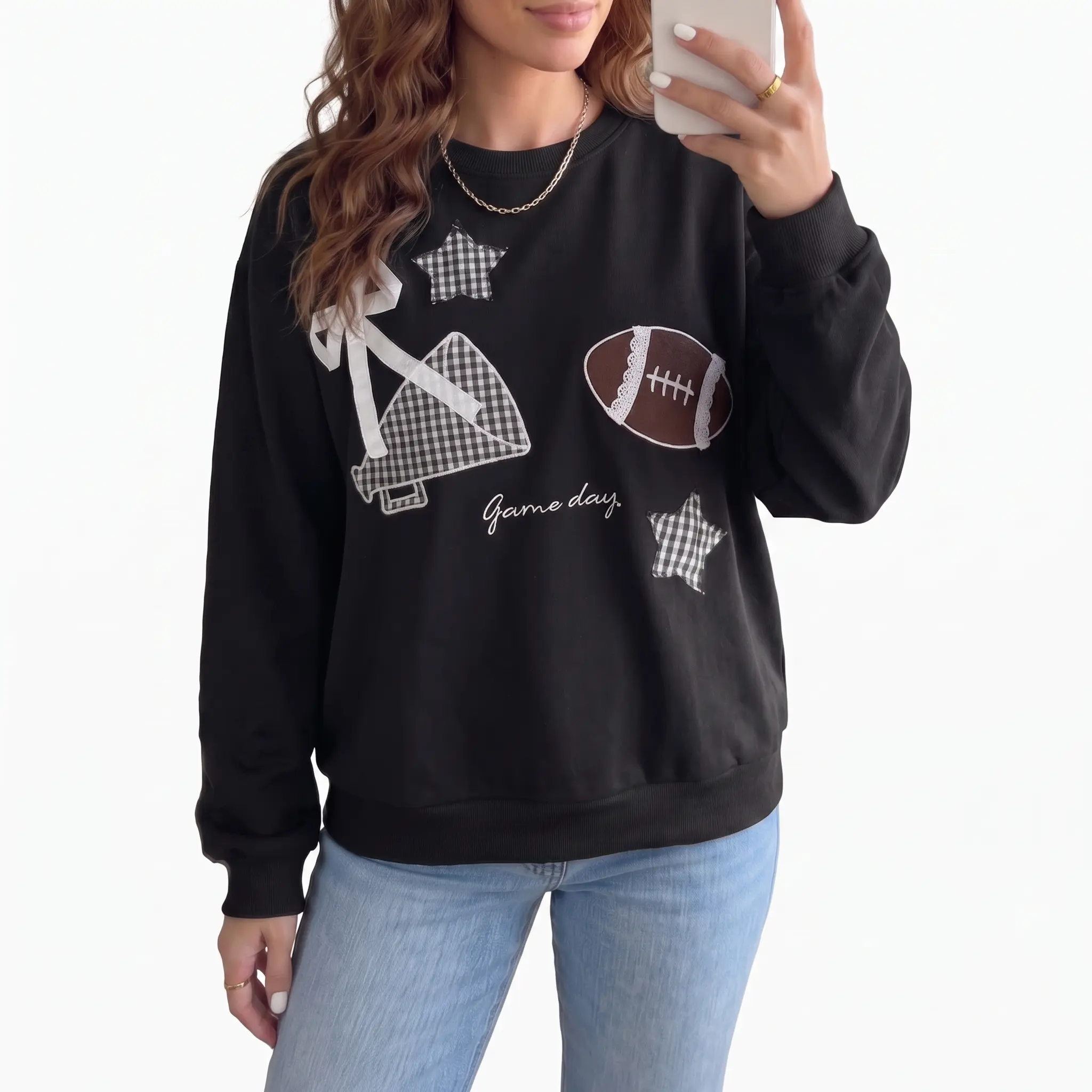 Women's Game Day Sweatshirt Football Gingham Patch Embroidered Crewneck Pullover Fall Tailgate Tops Casual Black Cotton Womenswear