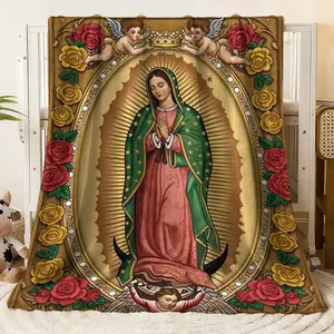 Elevate your comfort and spirituality with this exquisite flannel blanket featuring a captivating print of Our Lady of Guadalupe. The design showcases the revered figure in a traditional green mantle