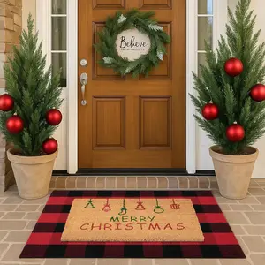 Christmas Door Mat Combo Set -  Coco Coir Welcome Mat + 28 x 43 Inch Red and Black  Rug, Holiday  Year Christmas Collection Decorative Doormat for Front Porch Entryway Decor