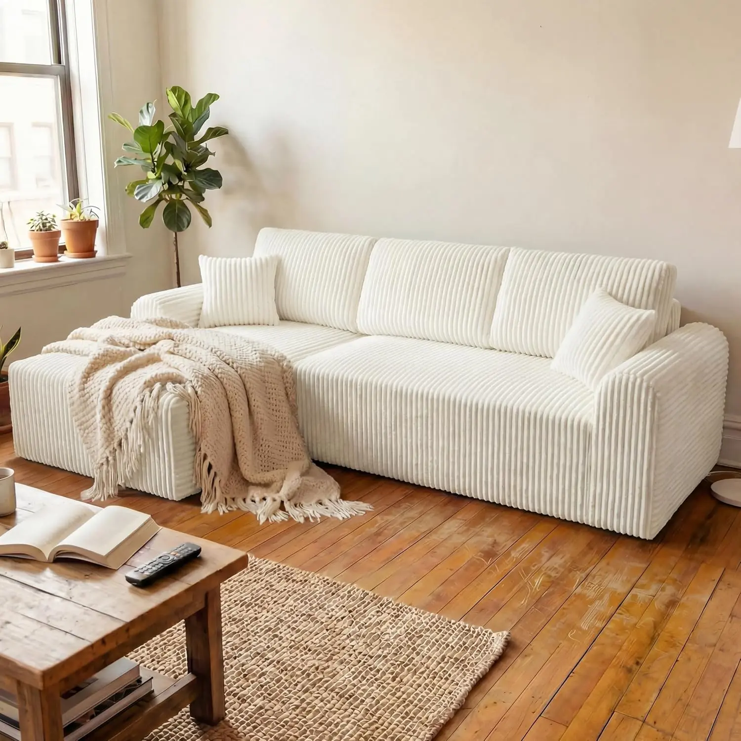110" Modular Sectional Couch with L-Shape Chaise, Modern Cloud Sectional Sofa with Deep Seat, Corduroy Boneless Couches for Living Room, No Assembly Required (White)