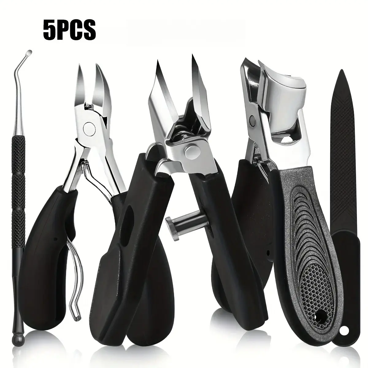 5pcs Black Stainless Steel Rust-Resistant Toenail Care Kit for Nail Techs - Heavy-Duty Easy-Trim Clippers, Nail File, Cuticle Nippers for Ingrown & Thick Toenails (Home Bathroom Gadgets), Nail Tech