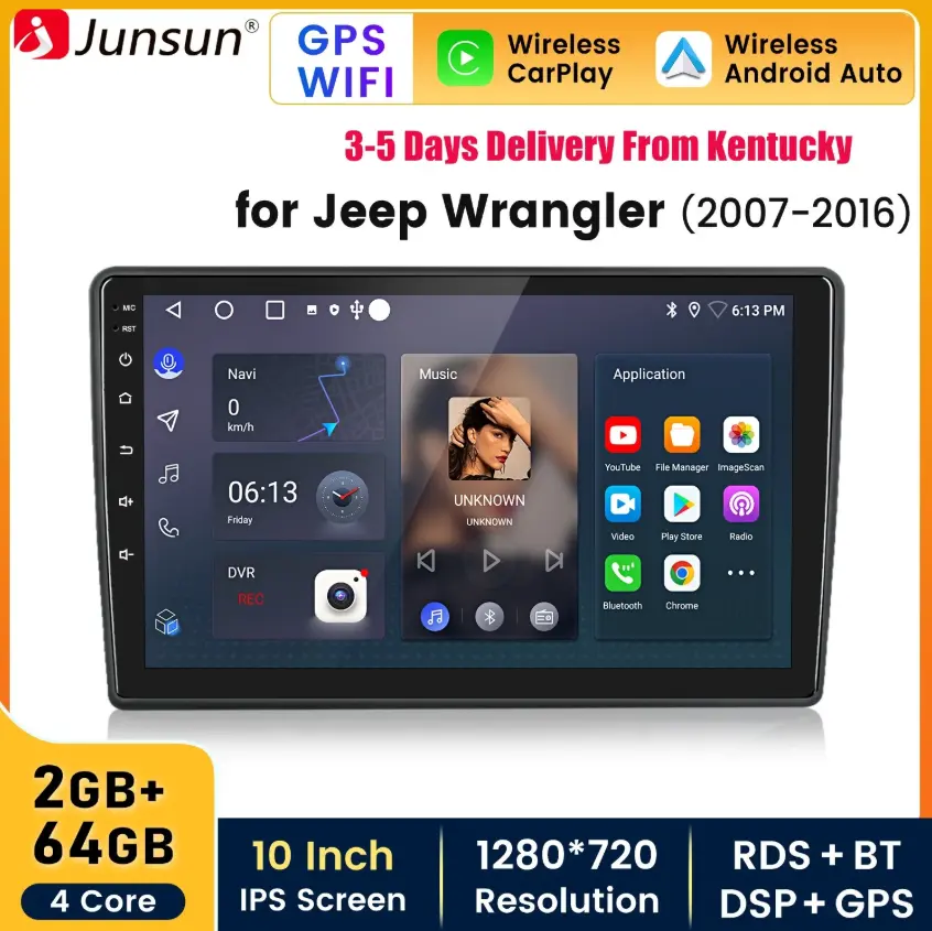 10 in Android 14 Car Radio Stereo Head Unit for Jeep Wrangler 2007-2018, 2G RAM 32G Touch Screen with Wireless Play, CarPlay, Android Auto, Bluetooth, WIFI, GPS Navigation, FM/AM