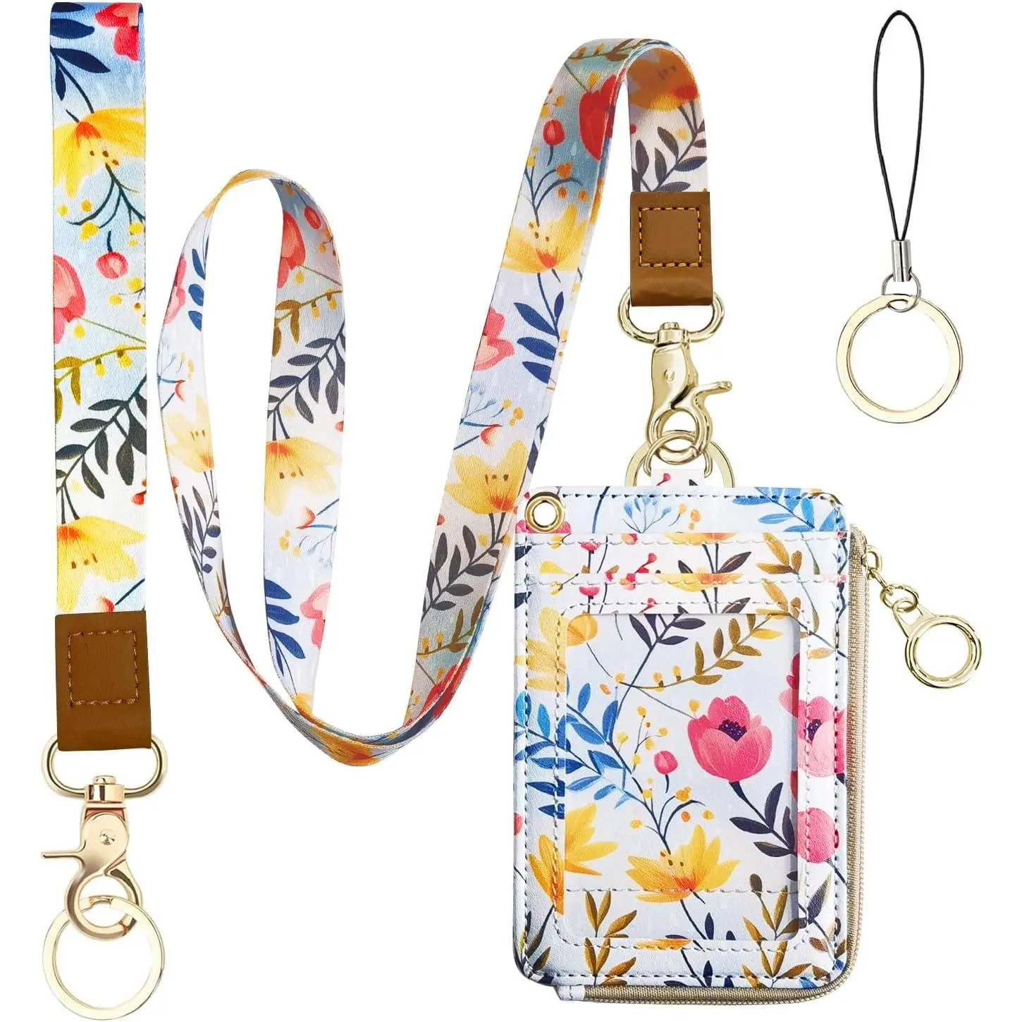 *Z-BR22  2-in-1 ID Badge Holder & Lanyard Wallet Floral Lanyard with ID Holder Teacher Nurses Woker Cute Lanyards for Name Tag Badge ID Card Holders with Removable Wristlet & Neck Lanyard Zipper Coin Pouch