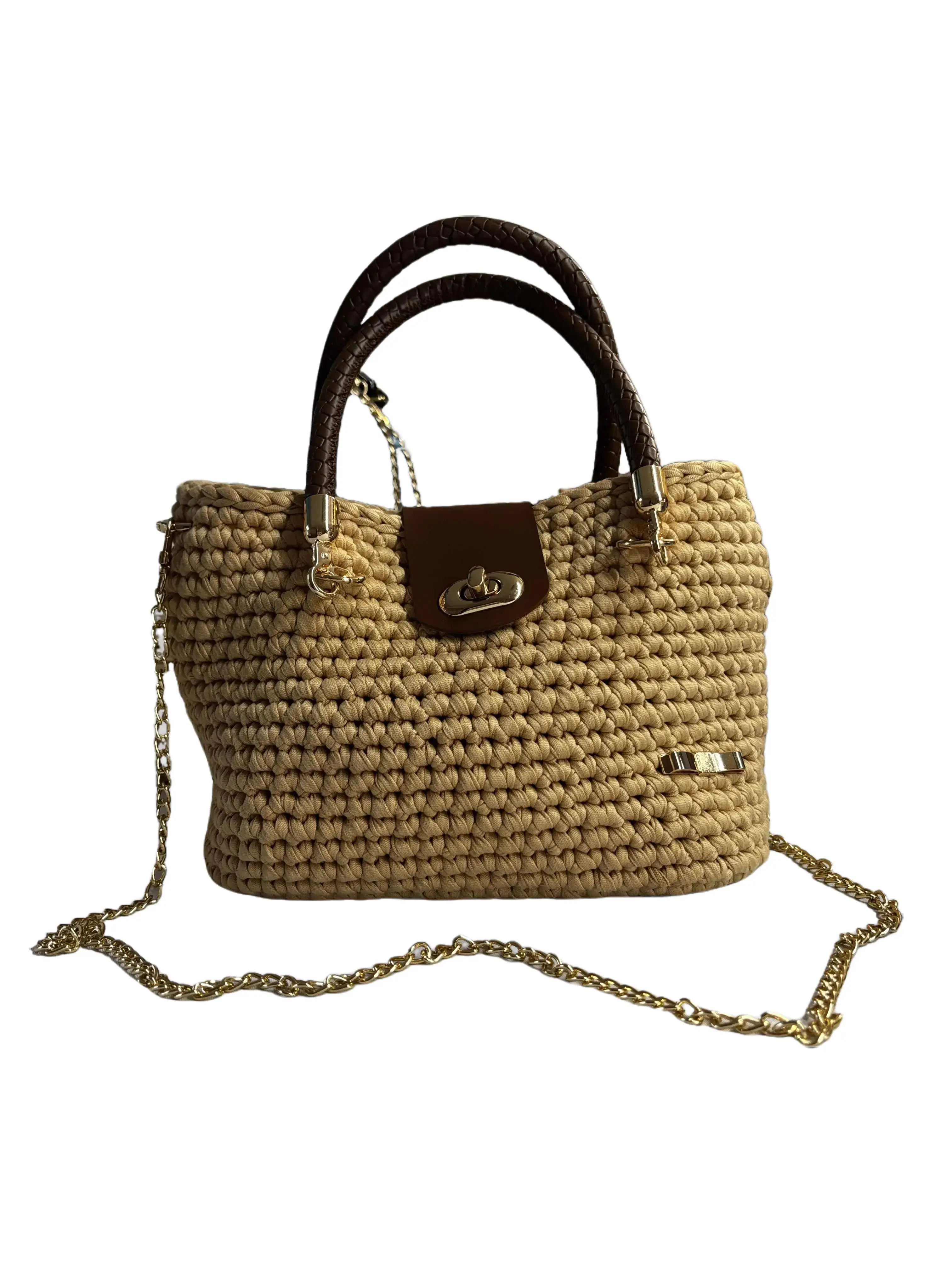Handmade Crochet Medium Bag - Sand Beige, Leather Handles, Lightweight, Everyday Elegant Purse