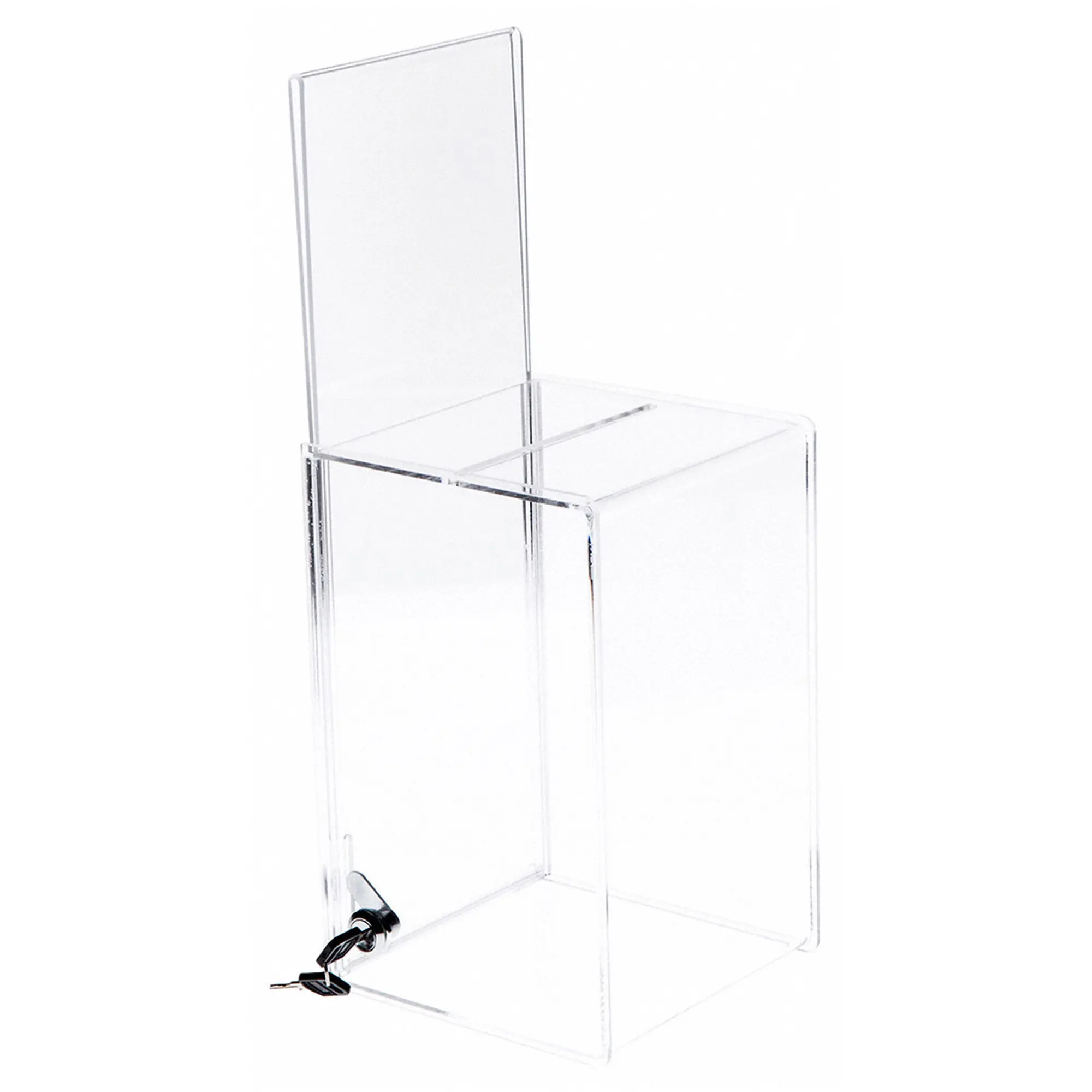 Plymor Clear Acrylic Locking Ballot / Collection Box With Sign Holder, 7" W x 7" D x 11" H (Holds 6.5" x 7" Sign)