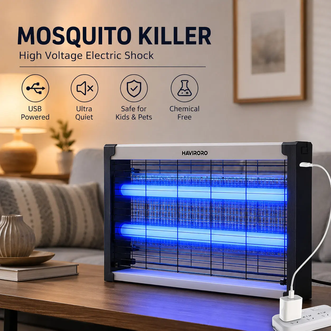 HAVIRORO Bug Zapper Indoor, 3200V High-Voltage Electric Mosquito Zapper, Dual Band Attraction, Fly Trap Mosquito Trap, Fly Killer Fly Zapper, Type-C