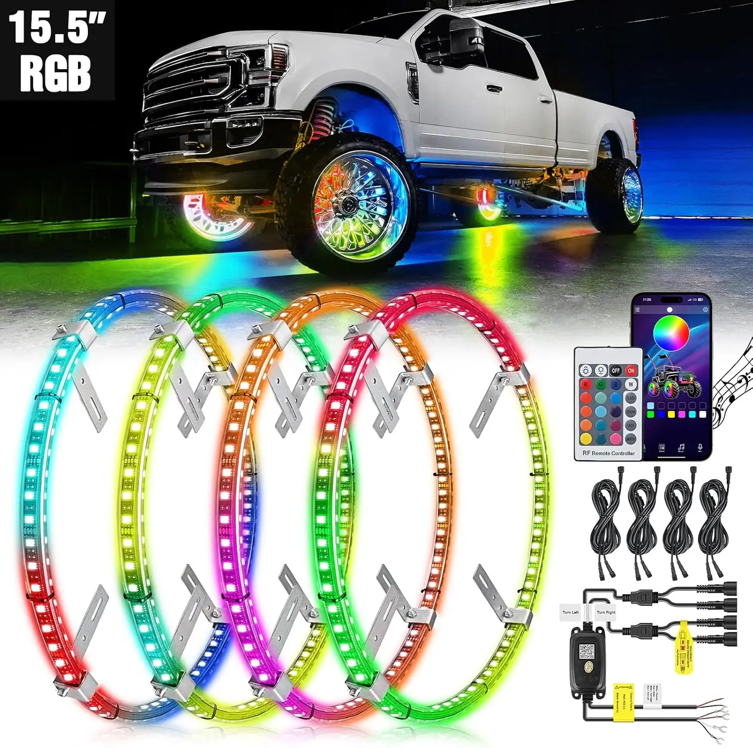 Nilight 4PCS 15.5in Double Row RGB Neon LED Wheel Ring Lights, DIY Aluminum 5050 SMD LED Display, 1x Control Box, APP & Remote Control, Turn Signals, Braking Functions, IP67 Waterproof, Automotive Decorative Lights for Car SUV Night Driving, Aluminum Ring