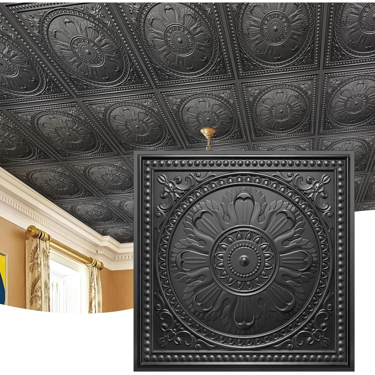 12-Pack 24"x24" Square Synthetic Vinyl PVC Ceiling Tiles, Black Baroque Transformative Design, Fade-Resistant, 48 Sq.Ft. Coverage, Glue-Up DIY Installation, Low-Maintenance for Home Use