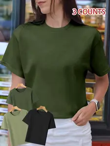 Women's Solid Round Neck Tee, Casual Short Sleeve Crew Neck T-shirt for Summer, Ladies Clothes for Daily Wear