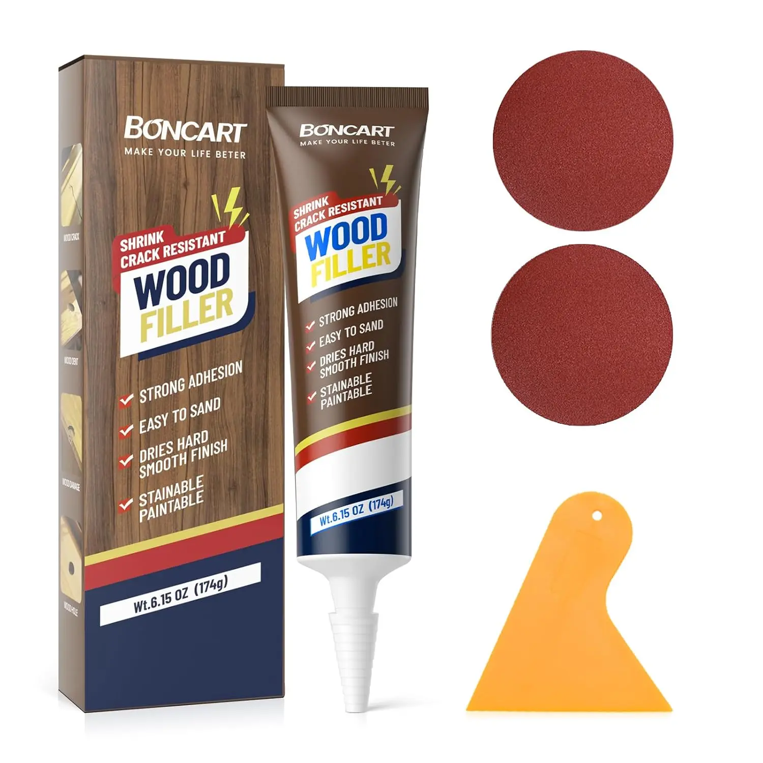 Boncart White 6.15 oz Paintable Wood Filler - Strong Adhesion Wood Putty, Dries Hard, Easy-to-Sand, Shrink-Resistant, Stainable, Smooth Finish, Outdoor Crack Repair Kit with Hose Package for Quick Cracks & Holes Repair