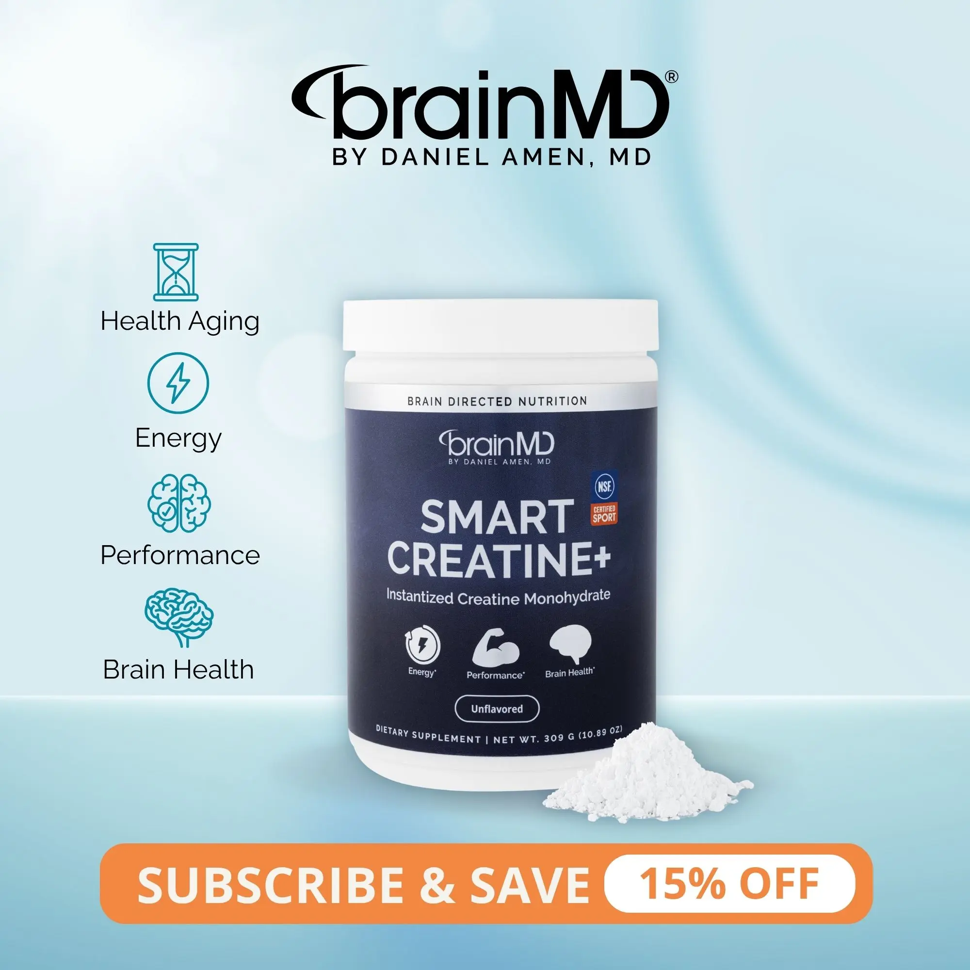 Smart Creatine+ | BrainMD | NSF Certified 60 Servings Powder | Muscle Strength & Performance Support | Brain Focus, Energy & Healthy Aging Support | iCreatine Creatine Monohydrate