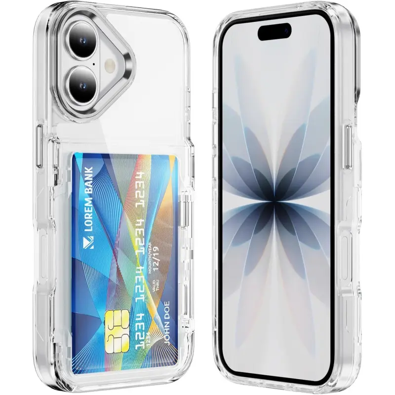 Compatible iPhone 17, 16, 15, 14, 13, 12, 11, XR Pro Max Plus, transparent phone case with credit card slot, made of TPU+PC material, slim silicone stand, shockproof protective phone case, suitable for iPhone 17 Pro Max, transparent hard shell phone cover