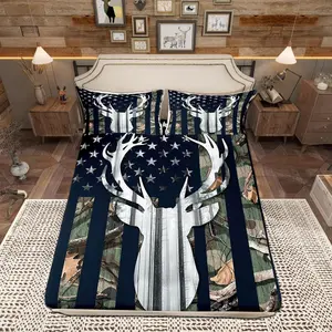 Camouflage USA Flag Fitted Sheet,Green Camo Grey Deer Antlers and Trees All-Round Elastic Deep Pocket Bedding Set for Kids Boys Room,American Flag Decor Soft Fitted Cover,(No Top Sheet)