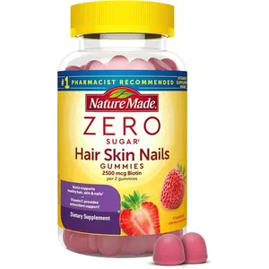 Nature Made Zero Sugar Hair Skin Nails Gummies — Biotin 2500mcg, Strawberry Flavor, 120 Count, Gluten-Free, Vitamin C & E, 60-Day Supply