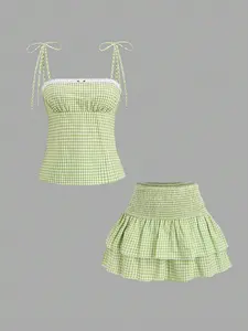 YULENA Floral Gingham Print Camisole Top And Ruffle Hem Mini Skirt 2 Piece Set Romantic Summer Vacation Outfit