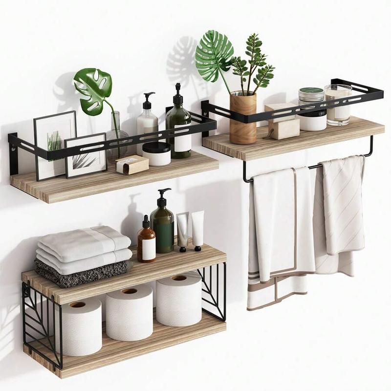 3+1 Tier Wall Mounted Bathroom Shelves Over Toilet, Rustic Wood Floating Shelves With Metal Frame And Towel Bar For Bathroom, Kitchen, Bedroom, Living Room, Home Decor, Bathroom Decor, Bathroom Organizer Summer