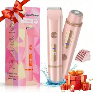 Women's 2-in-1 Cordless Portable Shaver & Trimmer, Smooth Flawless Painless Hair Removal, Ceramic Blades, LCD Display, IPX7 Waterproof, USB-C Fast Charging, Removable Head for Face, Bikini, Legs