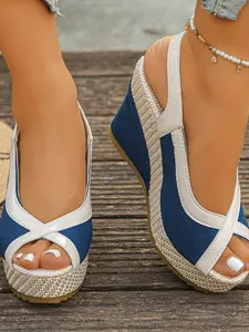 Vintage Straw Wedge High Heels, Fish Mouth Back Strap Sandals, Adjustable Buckle Waterproof Shoes, Vacation Daily Use, Stylish, Size 34+, Fashionable Wedge Shoes