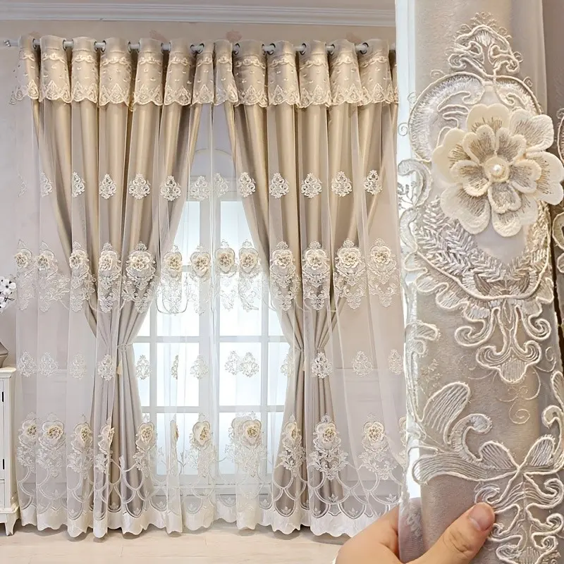 1PC Modern Nordic Embroidered Curtains, Double Layer Cloth and Sheer Fabric, Light Blocking for Living Room Bedroom Balcony Custom Made