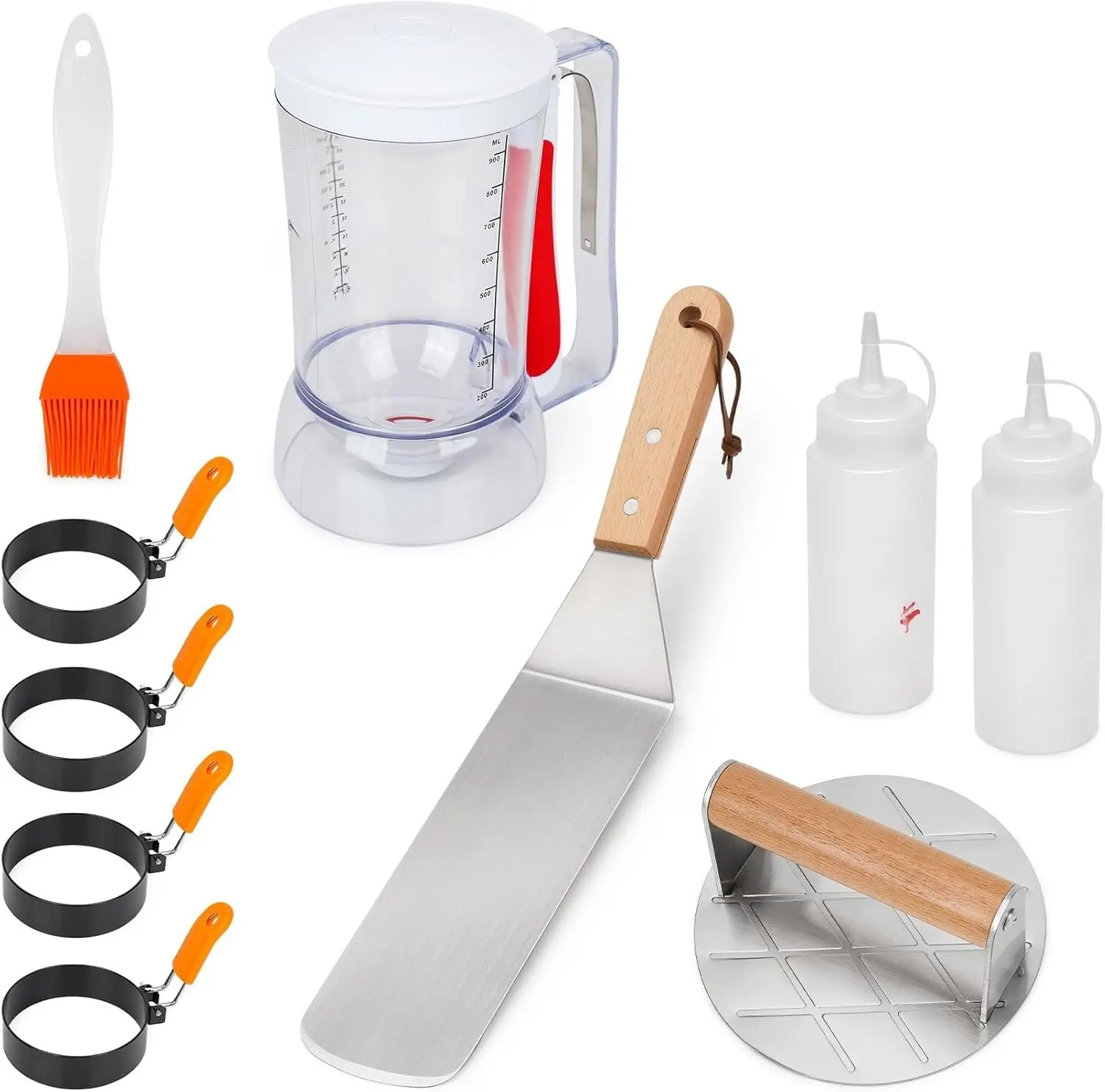 10-Count Durable Insulation Griddle Breakfast Kit Set - Handy Family Kitchenware & Barbecue Utensils with 3.5in Egg Rings, Precision Batter Dispenser, Stainless Steel Bacon Press, Scraper, Grill Basting Brush, Oil Bottles (Saves Time & Effort)