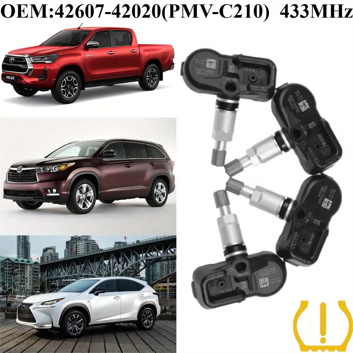 1Pcs/4Pcs OEM#42607-42020(PMV-C210) #433MHz TPMS/Tire Pressure Sensors For #LEXUS:CT/GS/IS/LS/NX/RC-F/RX/GS/LS #TOYOTA:AURIS/AVENSIS/AYGO/COROLLA/FJ-CRUISER/HIACE/HIGHLANDER/KLUGER/HILUX/iQ/LAND-CRUISER/PRADO/MIRAI/PRIUS/RAV4/TUNDRA/VENZA/VERSO/YARIS