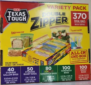 H-E-B Texas Tough Double Zipper Variety Pack Food Storage Bags Set of 2 370 Total Bags Easy Open Top All in One Box