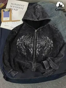 Men's Authentic Vintage Look Full Zip-Up Hoodie, Baggy Gothic Skeleton Wings Print, Heavyweight Cotton Faded Black Street Style Jacket – Perfect for Fall/Winter.