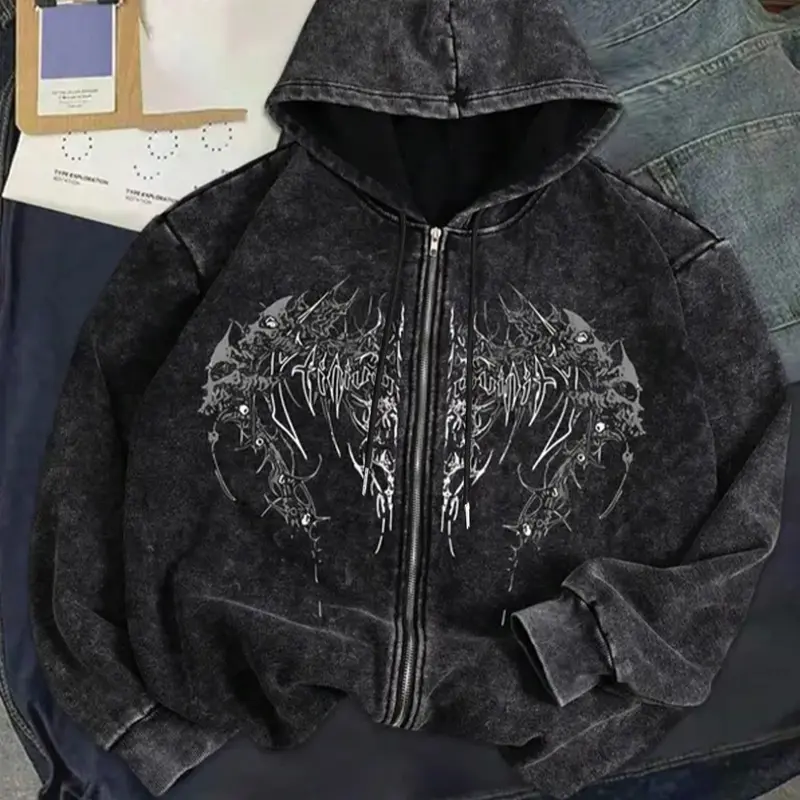Men's Authentic Vintage Look Full Zip-Up Long Sleeve Hoodie, Baggy Gothic Skeleton Skull Wings Print, Heavyweight Cotton Faded Black Grunge Streetwear Casual Menswear, Gothic Clothes, Jacket – Perfect for Fall/Winter.