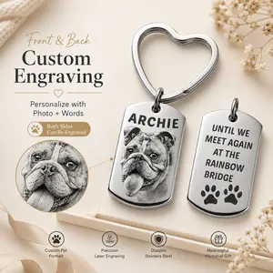 Personalized Pet Memorial Keychain, Custom Engraved Pet Photo Dog Cat Tag, Rainbow Bridge Sympathy Gift, Round or Heart Key Ring