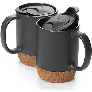 Coffee Mugs, 15 oz Mug Set of 2, Large Ceramic Coffee Mug with Cork Bottom and Spill Proof Lid for Mom Dad, Big Mug for Latte Tea, Matte Grey