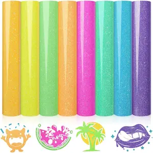 Neon Glitter HTV Heat Transfer Vinyl Bundle, 8 Packs Glitter Iron on Vinyl for Shirts, Sparkle 12''x10'' HTV Vinyl with Hot /Neon Green/Yellow/Teal/Purple for DIY Clothes, Fabrics