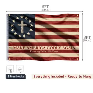 Christian Betsy Ross Patriotic Flag 3x5 Ft - Vintage Cross & 13-Star USA Decor for 4th of July & Faith-Based Home, 4 Grommets & 2 Hooks Included