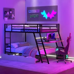 [Bellemave]Full Size Metal Bunk Bed with Built-in Desk, Light and 2 Drawers, Black