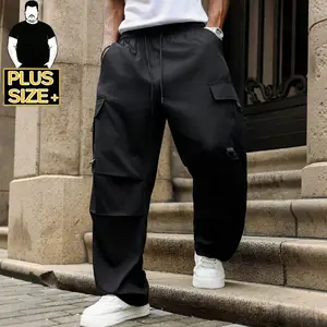 [Plus Size] Men's Cargo Pants – Black Baggy Streetwear Trousers with Multi Pockets, Elastic Waist, Casual Loose Fit Pants for Big & Tall Men (2XL-6XL)
