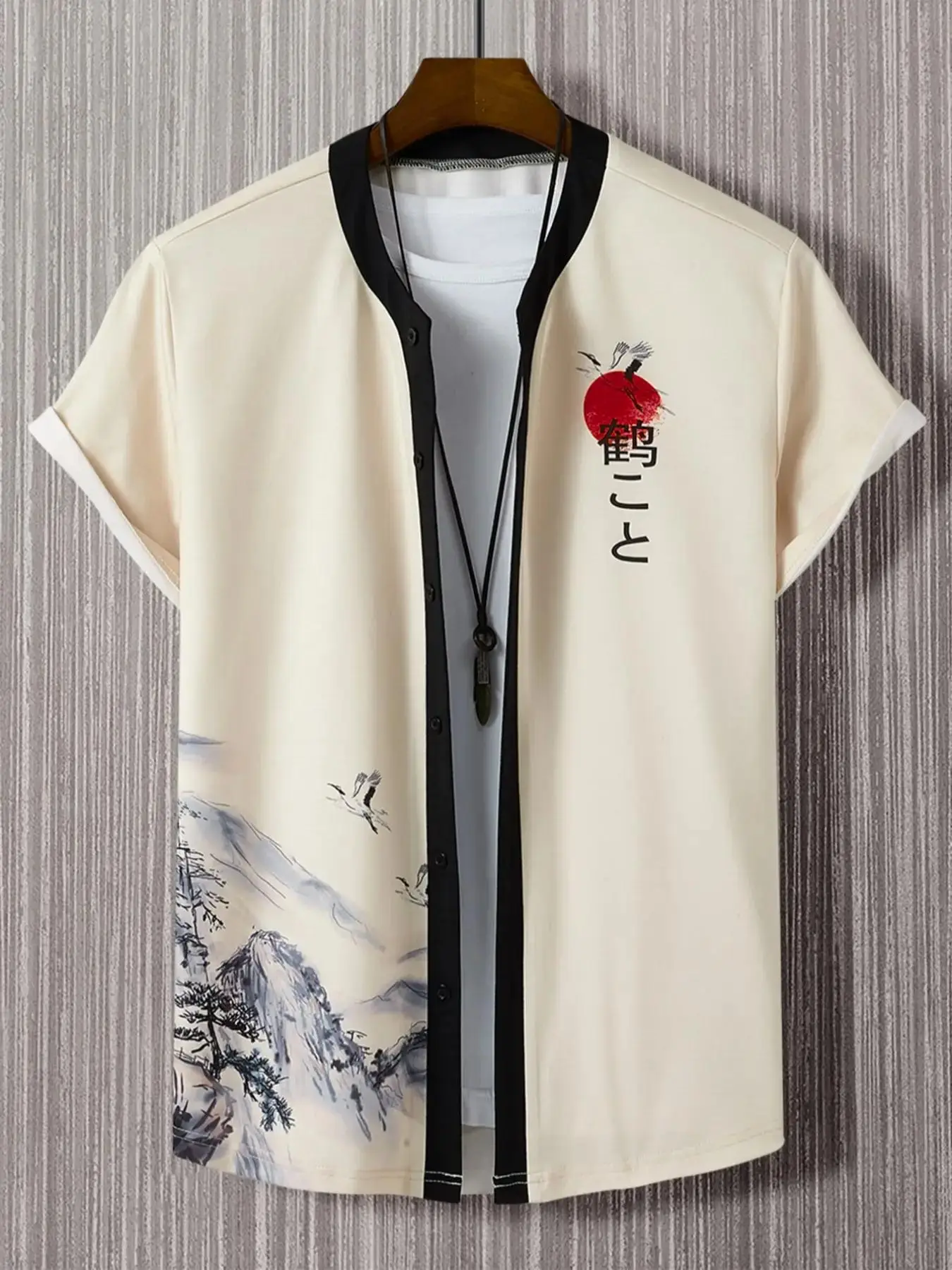 Men's Landscape Print Button Front Shirt, Regular Fit Casual Streetwear Contrast Binding Short Sleeve Top For Spring & Fall, Summer Outfits 2024, Boys