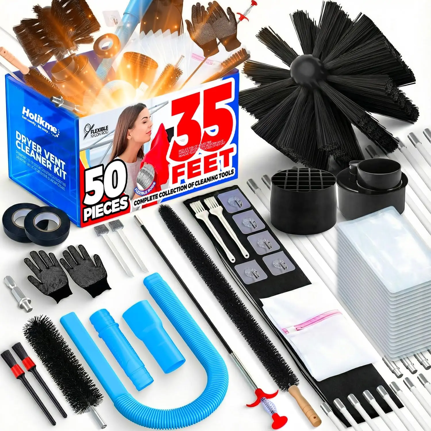 Holikme Dryer Vent Cleaner Kit 50PCS 35FT – Dryer Vent Cleaning Tools with Flexible Brush, Lint Trap Brush, Vacuum Attachment & Adapters