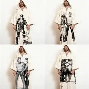 Men's Winter Hooded Kaftan Robe - Colorful Art Print Bohemian Long Sleeve Loungewear, Fleece Lined Thermal House Coat with Pockets, Soft Indoor Outdoor Robe for Artists & Creative Spirits