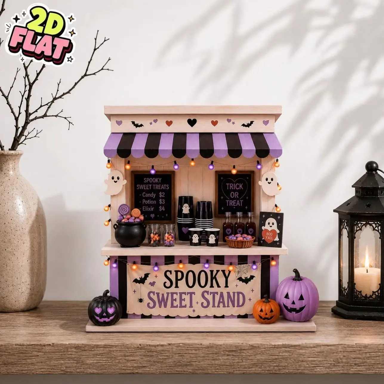 Spooky Sweet Stand Wooden Block Decor, Halloween Candy Stand Shelf Sitter, Ghost Trick or Treat Tiered Tray Halloween Decor