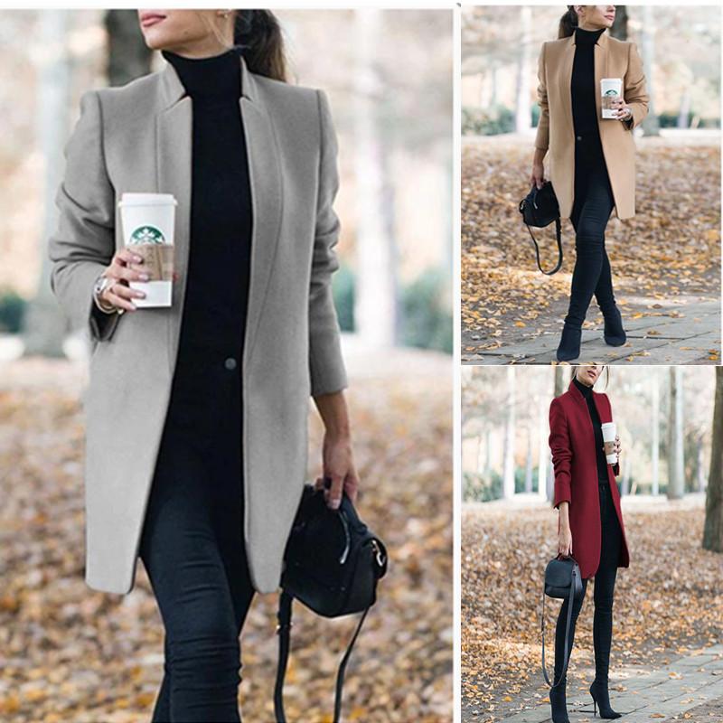 Women's Solid Color Collar Long-Sleeve Woolen Coat, Basic Navy Style, Polyester-Blend Fabric Women's Solid Color Collar Long-Sleeve Woolen Coat, Basic Navy Style, Polyester-Blend Fabric