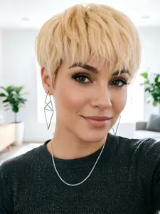 613 Blonde Human Hair Short Wig with Bangs, Layered Pixie Cut, Machine Made Wig for Women, Natural Looking, Stylish and Comfortable