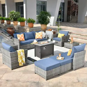 【Summer Vibes】OVIOS Rimaru 10-Piece Outdoor Patio Furniture Set with 42" Fire Pit Table, All-Weather Wicker Sofa Set with Cushions for Backyard Patio Deck Garden Balcony Outdoor Seating Furniture Set Lounge